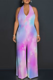 Casual Gradient Print Tie Dye Pocket Backless Contrast Halter Loose Jumpsuits