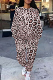 Casual Leopard Print Pocket Contrast O Neck Long Sleeve Two Pieces
