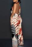 Sexy Geometric Print Tiger Stripes Pocket Backless Contrast Halter Loose Jumpsuits