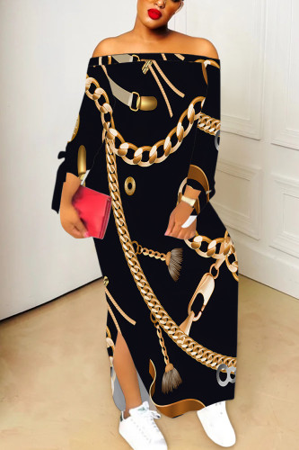 Sexy Chain print Slit Contrast Off Shoulder Printed Dresses