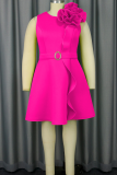 Elegant Solid Color Patchwork With Belt Flower Shape O Neck Long Plus Size Dresses