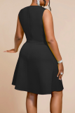 Elegant Solid Color Patchwork With Belt Flower Shape O Neck Long Plus Size Dresses