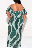 Sexy Colorblock Print Flounce Contrast Off Shoulder Printed Dresses