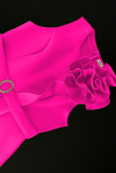 Elegant Solid Color Patchwork With Belt Flower Shape O Neck Long Plus Size Dresses