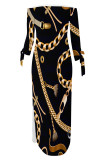 Sexy Chain print Slit Contrast Off Shoulder Printed Dresses