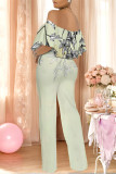 Sexy Colorblock Floral Print Pocket Ruffle Off Shoulder Loose Jumpsuits