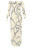 Sexy Chain print Slit Contrast Off Shoulder Printed Dresses