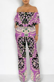 Sexy Colorblock Floral Print Pocket Ruffle Off Shoulder Loose Jumpsuits