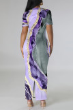 Elegant Gradient Print Contrast O Neck Printed Short Sleeve Dress