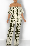Sexy Colorblock Floral Print Pocket Ruffle Off Shoulder Loose Jumpsuits
