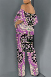 Sexy Colorblock Floral Print Pocket Ruffle Off Shoulder Loose Jumpsuits