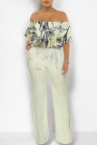 Sexy Colorblock Floral Print Pocket Ruffle Off Shoulder Loose Jumpsuits