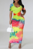 Elegant Gradient Print Contrast O Neck Printed Short Sleeve Dress