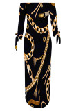 Sexy Chain print Slit Contrast Off Shoulder Printed Dresses