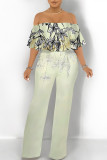 Sexy Colorblock Floral Print Pocket Ruffle Off Shoulder Loose Jumpsuits