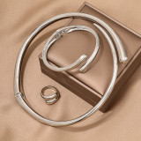 Simple Heavy Metal Geometric Ring Smooth Surface Female Necklace Bracelet Ring Set