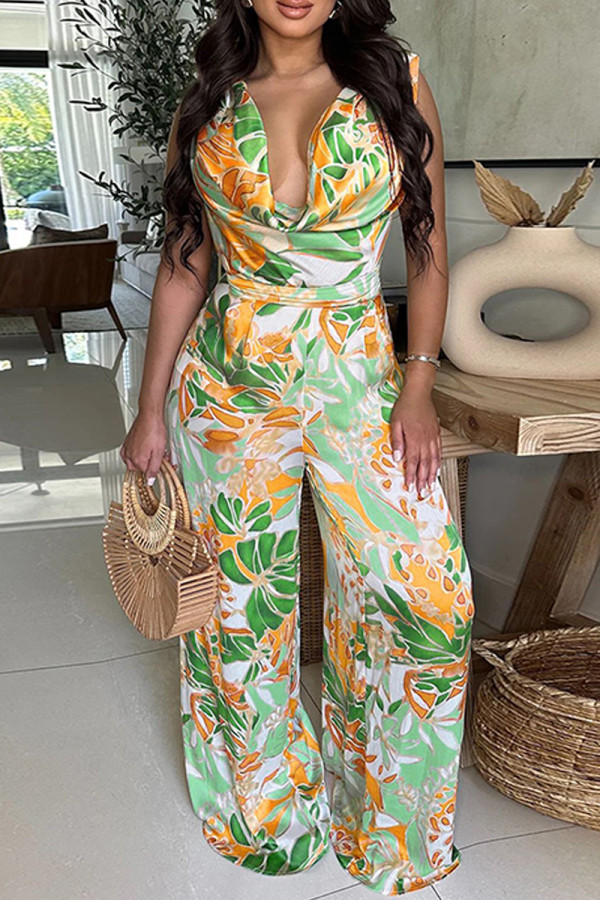 Sexy Casual Print Backless Belted Pile Heap Collar Regular Jumpsuits