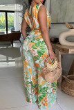 Sexy Casual Print Backless Belted Pile Heap Collar Regular Jumpsuits