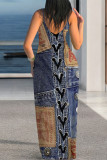 Sexy Faux Denim Print Leopard Contrast V Neck Printed Dresses