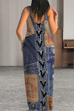 Sexy Faux Denim Print Leopard Contrast V Neck Printed Dresses