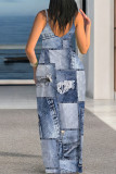Sexy Faux Denim Print Leopard Contrast V Neck Printed Dresses