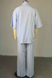Casual Stripe Buckle Patchwork Shirt Collar Half Sleeve Two Pieces