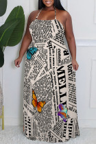 Sexy Colorblock Chain print Newspaper printing Backless Contrast Halter Printed Plus Size Dresses