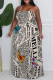 Sexy Colorblock Chain print Newspaper printing Backless Contrast Halter Printed Plus Size Dresses