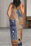 Sexy Faux Denim Print Leopard Contrast V Neck Printed Dresses