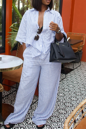 Casual Stripe Buckle Patchwork Shirt Collar Half Sleeve Two Pieces
