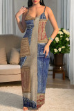 Sexy Faux Denim Print Leopard Contrast V Neck Printed Dresses