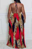 Sexy Colorblock Chain print Newspaper printing Backless Contrast Halter Printed Plus Size Dresses