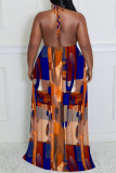 Sexy Colorblock Chain print Newspaper printing Backless Contrast Halter Printed Plus Size Dresses