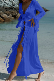 Sexy Solid Color High Slit Ruffled Trim Swimwears Cover Up