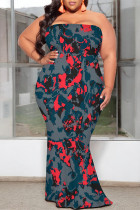 Sexy Colorblock Camouflage Print Colored Diamonds Contrast Strapless Printed Plus Size Dresses