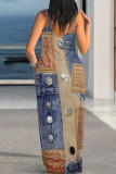 Sexy Faux Denim Print Leopard Contrast V Neck Printed Dresses