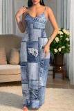 Sexy Faux Denim Print Leopard Contrast V Neck Printed Dresses