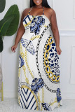 Sexy Colorblock Chain print Newspaper printing Backless Contrast Halter Printed Plus Size Dresses