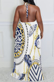 Sexy Colorblock Chain print Newspaper printing Backless Contrast Halter Printed Plus Size Dresses