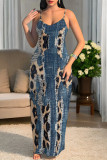 Sexy Faux Denim Print Leopard Contrast V Neck Printed Dresses