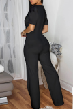 Casual Solid Color Buttons Asymmetrical Collar Regular Jumpsuits