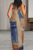 Sexy Faux Denim Print Leopard Contrast V Neck Printed Dresses