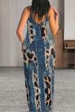 Sexy Faux Denim Print Leopard Contrast V Neck Printed Dresses