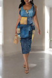 Casual Faux Denim Print Contrast U Neck Printed Dresses