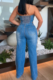 Sexy Stripe Hollow Out Buckle Strapless Sleeveless Regular Denim Jumpsuits