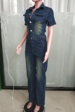 Casual Distressed Pocket Buckle Turndown Collar Short Sleeve Regular Denim Jumpsuits