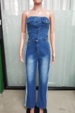 Sexy Stripe Hollow Out Buckle Strapless Sleeveless Regular Denim Jumpsuits