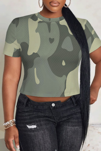 Casual Camouflage Print Flowers O Neck T-Shirts