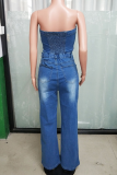 Sexy Stripe Hollow Out Buckle Strapless Sleeveless Regular Denim Jumpsuits