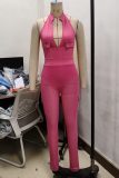 Sexy Solid Color Pocket Zipper Zipper Collar Sleeveless Two Pieces